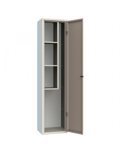Armadio multiuso monoblocco Dimensioni (LxPxH ): 420x330x1800mm. Dimensioni vano(LxPxH): 418x310x1700mm. Base su zoccolo in acciaio, h. 100 mm. Corpo formato da pannellature spessore 6/10 elettrosaldate, fondo,cappello, schiena ,fianchi con asole spessore