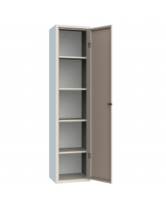 Armadio multiuso monoblocco Dimensioni (LxPxH ): 420x330x1800mm. Dimensioni vano(LxPxH): 418x310x1700mm. Base su zoccolo in acciaio, h. 100 mm. Corpo formato da pannellature spessore 6/10 elettrosaldate, fondo,cappello, schiena ,fianchi con asole spessore