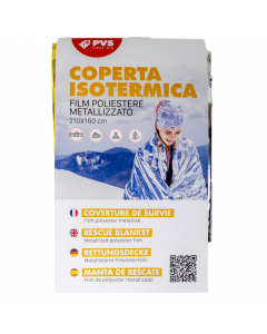 In film poliestere con copertura in alluminio/alluminio dorato. Ha la funzione di isolare termicamente l'infortunato in funzione del lato esterno utilizzato. Lato argento: protegge dal caldo. Lato oro: protegge dal freddo. La coperta è radiotrasparente. D