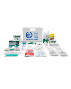 Valigetta in plastica colore bianco. Dotata di supporto per attacco a parete, maniglia per trasporto, guarnizione in neoprene, chiusura con due clip rotanti. Dimensioni: 44,3x33,8x14,7cm. Contiene Kit reintegro All. 1 secondo DM 388 e DLGS 81 maggiorato d