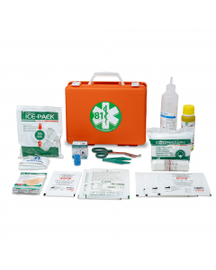 Valigetta colore arancio realizzata in plastica. Dotata di supporto per attacco a parete e maniglia per il trasporto. Chiusura con due clip rotanti. Dimensioni: 25x19x9cm. Contenuto: kit allegato 2