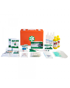 Valigetta colore arancio realizzata in plastica antiurto. Dotata di supporto per attacco a parete e maniglia per il trasporto. Chiusura con due clip rotanti. Dimensioni: 39,5x27x13,5cm. Contenuto: kit allegato 1 + termometro + sfigmomanometro.