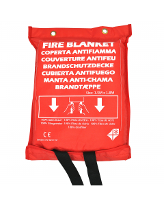 Coperta in fibra di vetro incombustibile. Adatta per soffocare piccoli incendi. Fornita in robusta e rigida custodia di nylon, dotata di anello per attacco a parete e apertura rapida con velcro. Conforme alla normativa EN 1869.
