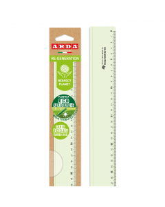 Riga 30cm realizza in materiale plastico ecosostenibile riciclabile al 100%. Con smusso e tirachina. Angoli arrotondati di sicurezza. Fornita in astuccio realizzata in carta riciclata.