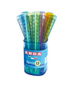 Righello 15cm, stretto 2cm, in materia plastica termoresistente speciale di grande trasparenza e durezza superficiale. Barattolo da 50 pezzi in quattro colori assortiti trasparenti ( giallo, azzurro, arancio, fuxia).