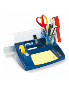 Desk Organizer Oliver struttura in polistirolo antiurto, atossico. Il portapenne può essere estratto dalla sua sede ricavando così un ulteriore vano oggetti. Porta nastro-adesivo per misura standard 19x33 mm.