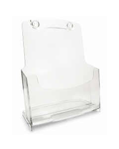 Portadepliant da parete e da banco a tasca singola f.to a4. design pulito ed essenziale, possono entrare uno nell'altro così da guadagnare spazio sul banco. in materiale plastico perfettamente trasparente con dorso leggermente inclinato per garantire la m