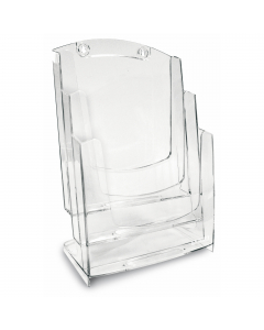 Portadepliant da parete e da banco a tasca multipla (3 tasche f.to a4). Design pulito ed essenziale, in materiale plastico perfettamente trasparente con dorso leggermente inclinato per garantire la massima stabilitàdel materiale esposto. Dimensione 23,7x3