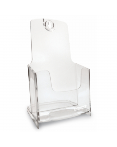 Portadepliant da parete e da banco a tasca singola f.to 1/3 a4. Design pulito ed essenziale, possono entrare uno nell'altro così da guadagnare spazio sul banco. in materiale plastico perfettamente trasparente con dorso leggermente inclinato per garantire 