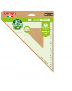 Squadra 45° 30cm realizza in materiale plastico ecosostenibile riciclabile al 100%. Con smusso, tirachina e bordo interno. Punte arrotondate di sicurezza. Fornita in astuccio realizzata in carta riciclata.