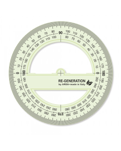 Goniometro 360° 12cm  realizza in materiale plastico ecosostenibile riciclabile al 100%. Con smusso e bordo interno. Fornita in astuccio realizzata in carta riciclata.
