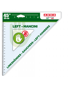 Squadra in materiale plastico. Smusso tirachina e bordo interno. Punte arrotondate di sicurezza. Con milimetratura speciale invertita da destra verso sinistra.