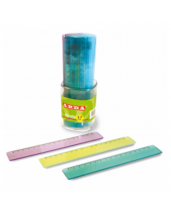 Righello 17cm, stretto 3cm, in materia plastica termoresistente speciale di grande trasparenza e durezza superficiale. Colori fluorescenti assortiti.