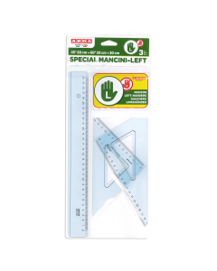 Set contenente 1 riga da 30cm e 2 squadre da 45° e 60° Milimetratura speciale invertita da destra verso sinistra.