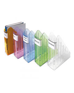 Portariviste Transparent Colors materiale antiurto molto resistente. Grazie alla profondità maggiorata rispetto allo standard può contenere anche formati extra. Sede per applicare etichette identifi cative su entrambi i lati. Pratico e funzionale. Dimensi
