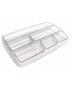 Bacinella portaoggetti dal formato compatto e di poco ingombro. Può essere usata all'interno di un cassetto o sulla scrivania. In plastica antiurto trasparente. Formato 25,3x3,4x15,7cm.