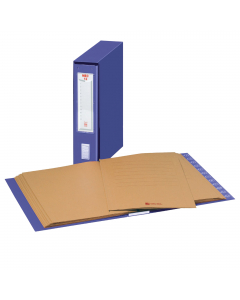 Classificatore numerico Mec in cartone grigio rivestito in carta plastificata blu. Meccanismo braghettario in metallo nichelato. Contiene 12 cartelline in robusto cartoncino Kraft color avana. Portaetichette in plastica rigida trasparente con etichetta. F