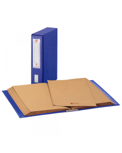 Classificatore alfabetico Mec in cartone grigio rivestito in carta plastificata blu. Meccanismo braghettario in metallo nichelato. Contiene 20 cartelline in robusto cartoncino Kraft color avana. Portaetichette in plastica rigida trasparente con etichetta.