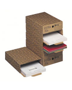 Scatole archivio A4 File struttura in robusto cartone rigido stampato. Componibilità verticale grazie all'inserimento ad incastro delle alette nelle apposite fessure. A4 File con fermaglio metallico capacità 4cm. Formato utile 26x8x35cm. Confezione da 6 s