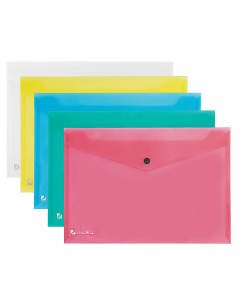 Buste Pull con bottone A4 realizzate in polipropilene assortito. Chiusura con bottone a pressione. Formato utile: 21x29,7cm.