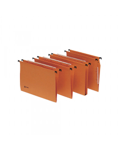 Cartelle sospese da armadio Signaletic realizzate in robusto cartoncino kraft arancione da 220gr.  Dotate di barre di sospensione in polystirene nero antiurto. Portaetichette in materiale plastico con lenticolare con sistema ad incastro per il collegament