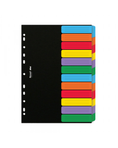 Robusti ed eleganti separatori multicolore in cartoncino da 240 gr. Dotati di 12 tacche neutre. Perforazione universale rinforzata. Formato A4. Coordinati con la linea Rexel dox« per stile e texture.