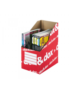 PRATICO CONTENITORE PER RIVISTE, CATALOGHI, FASCICOLI ANCHE VOLUMINOSI GRAZIE ALLA CAPIENZA RADDOPPIATA RISPETTO AI PORTARIVISTE CLASSICI. FORO DI PRESA. SPAZIO PER LA PERSONALIZZAZIONE SU ENTRAMBI I LATI DEL DORSO. F.TO EST.17,5X35X26CM; F.TO INT. 17X35X