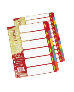 Separatori in cartoncino da 140 gr dai colori vivaci e brillanti. Dotati di 12 tasti neutri e di indice frontale prestampato per una comoda classificazione dei documenti. Foratura universale. Formato A4.