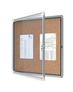 Ad anta battente. Nuovo design con robusta cornice in alluminio e vetro di sicurezza di 4mm. fondo fondo in sughero per uso con puntine. Fissaggio semplice effettuabile da una sola persona. Serratura con 2 chiavi. Apertura istallabile sia a destra che a s