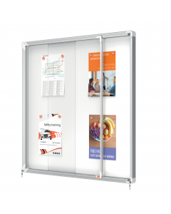Ad ante scorrevoli. Nuovo design con robusta cornice in alluminio e vetro di sicurezza di 4mm. fondo fondo in acciaio bianco magnetico per uso con magnetini o scrivibile con pennarelli a secco. Fissaggio semplice effettuabile da una sola persona. Chiusura