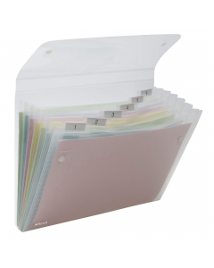 Cartelle a soffietto ICE realizzate in robusto polipropilene color trasparente traslucido. Contiene 6 scomparti dotati di cavalierino trasparente ed etichette per la personalizzazione. Formato utile: 22x30cm.