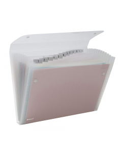 Cartelle a soffietto ICE realizzate in robusto polipropilene color trasparente  traslucido. Contiene 13 scomparti dotati di cavalierino trasparente ed etichette per la personalizzazione. Formato utile: 22x30cm.