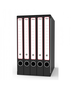 Sistema di archiviazione King Mec composto da un'unica custodia con 5 cartelline a tre alette (dorso 4 cm; formato utile LxH 23x32 cm). Struttura in robusto cartone grigio rivestito con carta goffrata nera antimpronta. Custodia in tinta con parabordi. Ane