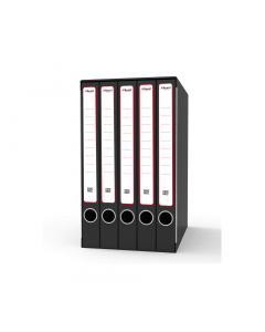 Sistema di archiviazione King Mec composto da un'unica custodia con 6 cartelline a 2 anelli (dorso 3,3 cm; formato utile LxH 23x33 cm). Struttura in robusto cartone grigio rivestito con carta goffrata nera antimpronta. Custodia in tinta con parabordi. Ane
