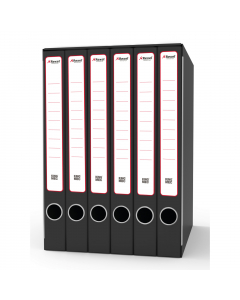 Sistema di archiviazione King Mec composto da un'unica custodia con 6 cartelline a tre alette (dorso 3,3 cm; formato utile LxH 23x33 cm). Struttura in robusto cartone grigio rivestito con carta goffrata nera antimpronta. Custodia in tinta con parabordi. A