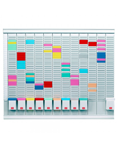 Utilizzabile come planning annuale o mensile. Formato da 12 bande con 32 fessure indice 2 ed 1 indice 1 utilizzabile come indice. Nell'utilizzo mensile in alto si visualizzano 12 ore del giorno sul lato sinistro i giorni del mese. Nell'utilizzo annuale , 