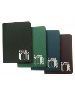 Portacard in pvc espanso sergè spessore 1,2 mm a libro a 14 scomparti, tasche interne in pvc antistatico, stampa a caldo in argento opaco.