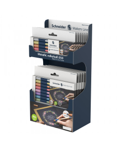 Espositore da banco con penne roller metalizzate con punta ultra smooth da 0,4mm. Ideale per carta patinata come biglietti d'auguri. L'espositore contiene 8 astucci da 4 colori e 6 astucci da 8 colori.