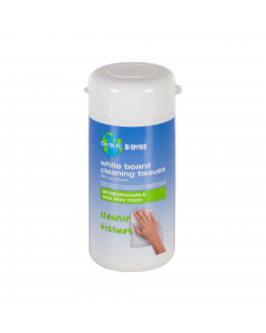 Contenitore apri&chiudi con 100 salviette di pulizia per lavagna bianca. Realizzate con prodotti riciclabili, imbevute con detergenti biodegradabili e non tossici