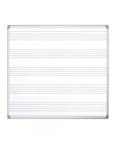 Lavagna bianca di alta qualità stampata con pentagramma musicale. Superficie magnetica in acciaio smaltato antigraffio e antidissolvenza adatta per un uso intenso. Le righe del pentagramma hanno spessore di 1,25mm con spazi da 20mm. Porta penne e kit di f