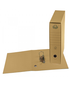 Registratori Eco con custodia (spessore 1,5 mm). Risguardo in carta riciclata tono su tono. Cartella e custodia rivestite con cartone riciclato tono su tono. Meccanismo interno a leva e pressino in metallo. Occhiello sul dorso per l'estrazione. Formato pr