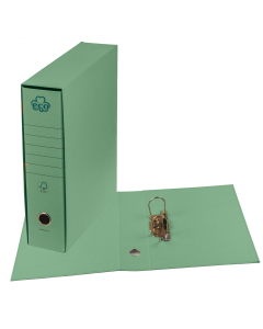 Registratori Eco con custodia (spessore 1,5 mm). Risguardo in carta riciclata tono su tono. Cartella e custodia rivestite con cartone riciclato tono su tono. Meccanismo interno a leva e pressino in metallo. Occhiello sul dorso per l'estrazione. Formato pr