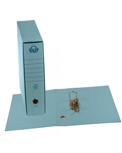 Registratori Eco con custodia (spessore 1,5 mm). Risguardo in carta riciclata tono su tono. Cartella e custodia rivestite con cartone riciclato tono su tono. Meccanismo interno a leva e pressino in metallo. Occhiello sul dorso per l'estrazione. Formato pr
