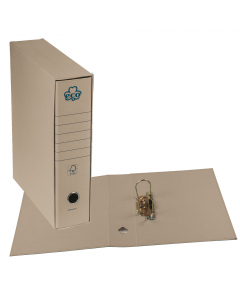 Registratori Eco con custodia (spessore 1,5 mm). Risguardo in carta riciclata tono su tono. Cartella e custodia rivestite con cartone riciclato tono su tono. Meccanismo interno a leva e pressino in metallo. Occhiello sul dorso per l'estrazione. Formato pr