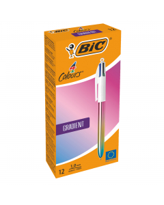 Penna a scatto dai 4 colori classici (nero, blu, rosso, verde) in una particolare versione dal fusto metallizzato con molteplici tonalità di colore nella stessa penna. Le 12 penne nella confezione hanno 3 diversi motivi con luminose sfumature tricolori su