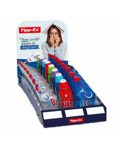 Espositore con 60 correttori in 3 diversi formati: Pocket Mouse da 10mt, Micro Tape Twist da 8mt con cappuccio a rotazione, Mini Pocket Mouse Fashion da 6mt con decorazioni colorate.