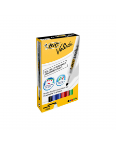 Astuccio 4 colori assortiti. Pennarello per lavagne cancellabili. Inchiostro a base di chetone. Si cancella perfettamente senza lasciare segni. Cappuccio del colore dell’inchiostro con blocco di sicurezza. Fusto jumbo in plastica. Punta scalpello con larg
