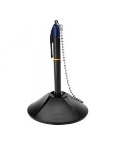 Porta penne con inchiostro blu, fino a 8km di scrittura. Ideale in uffici aperti al pubblico perchè non necessita di continue ricariche. Certificazione NF Ecolabel. Catenella in cromo da 58cm. Base stabile da 229gr dotata di 2 cuscinetti adesivi per un so
