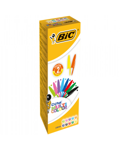 Penna a sfera cristal large con punta large da 1.6mm per una scrittura più scorrevole. Confezione da 20 pezzi in 10 colori assortiti (2pz per colore): nero, blu, rosso, verde, colori fun (viola, rosa, turchese e verde lime) e le due novità fluo (giallo e 