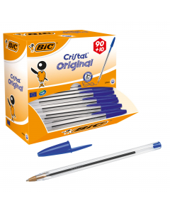 La penna CRISTAL fine con cappuccio e tappino del colore dell'inchiostro, fusto esagonale trasparente o traslucido per il controllo dell'inchiostro. Punta 1,0mm. Colore: blu.
Confezione 90+10 pezzi.